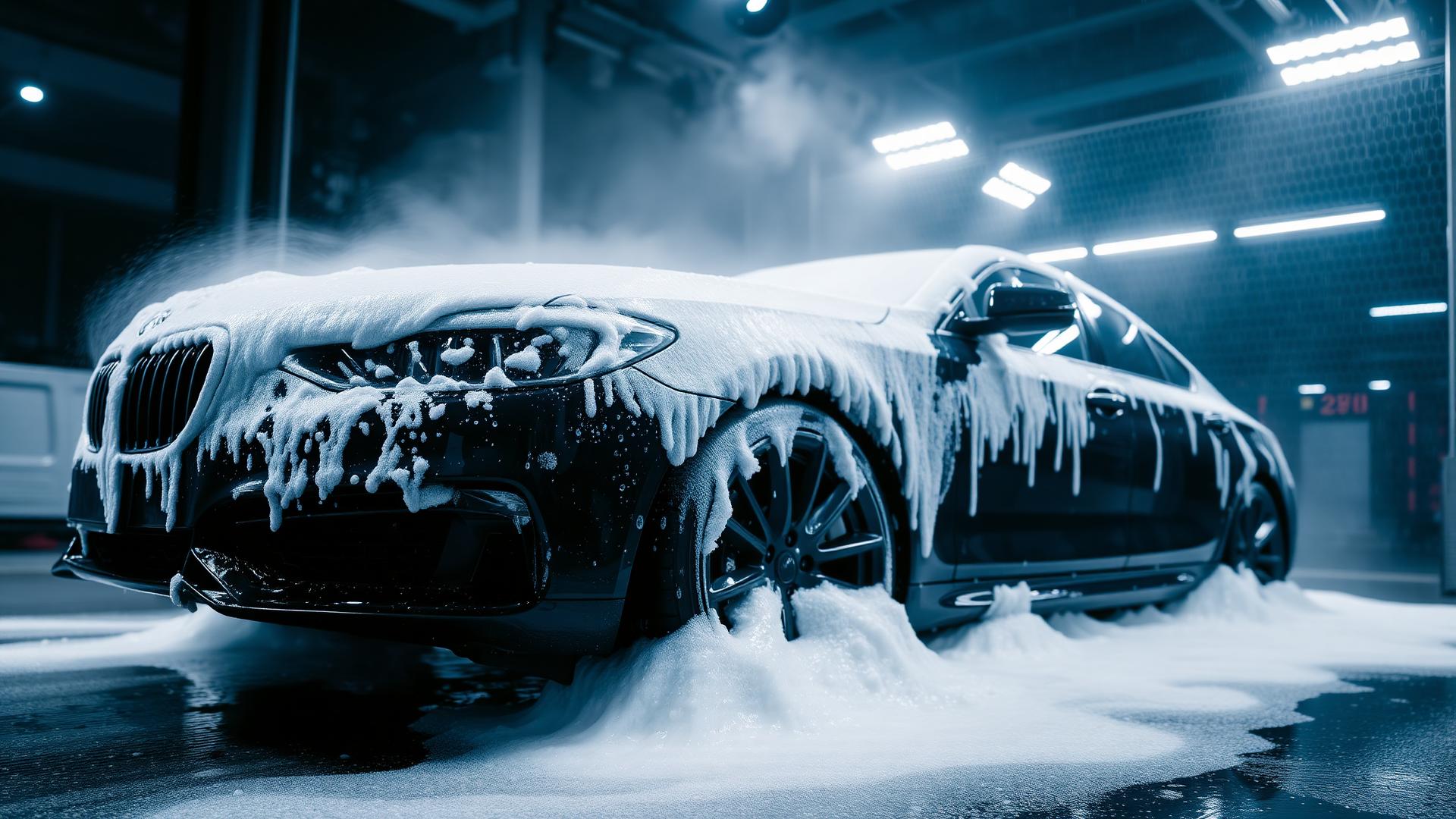 Luxury car covered in foam at a professional car wash